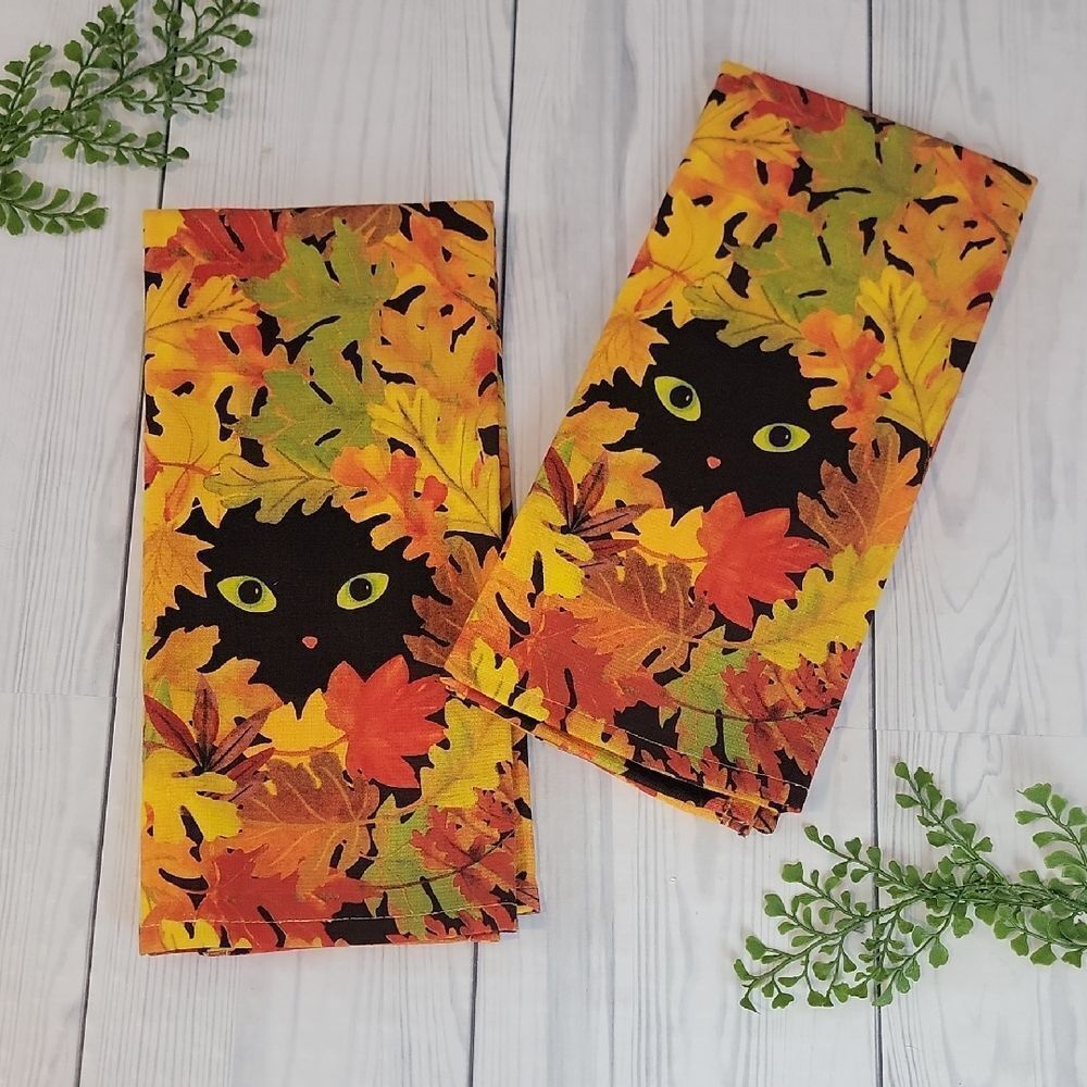 Kay Dee Designs Autumn Leaf Black Cat Print Kitchen Towels  NWOT  Set Of 2
